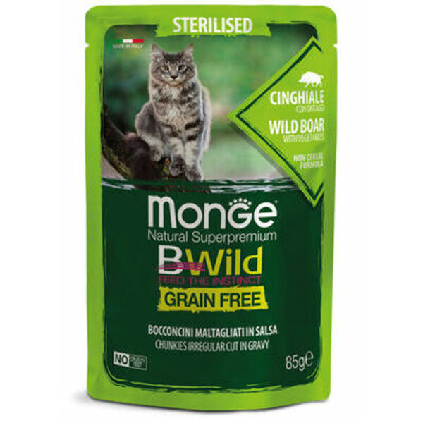 MONGE BWILD pouches Cat Sterilised Wild Boar with vegetable 85g konservi kaķiem