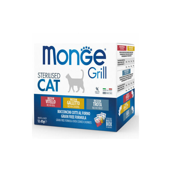 Monge Grill Multipacks Sterilised Veal, Cockerel, Trout 12x85 g - konservi kaķiem