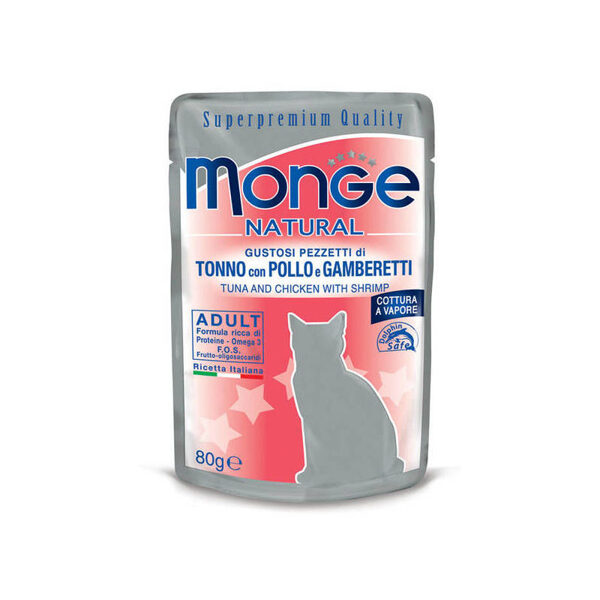 Monge Natural pouches Tuna in Jelly with Chicken and Shrimp 80g konservi kaķiem