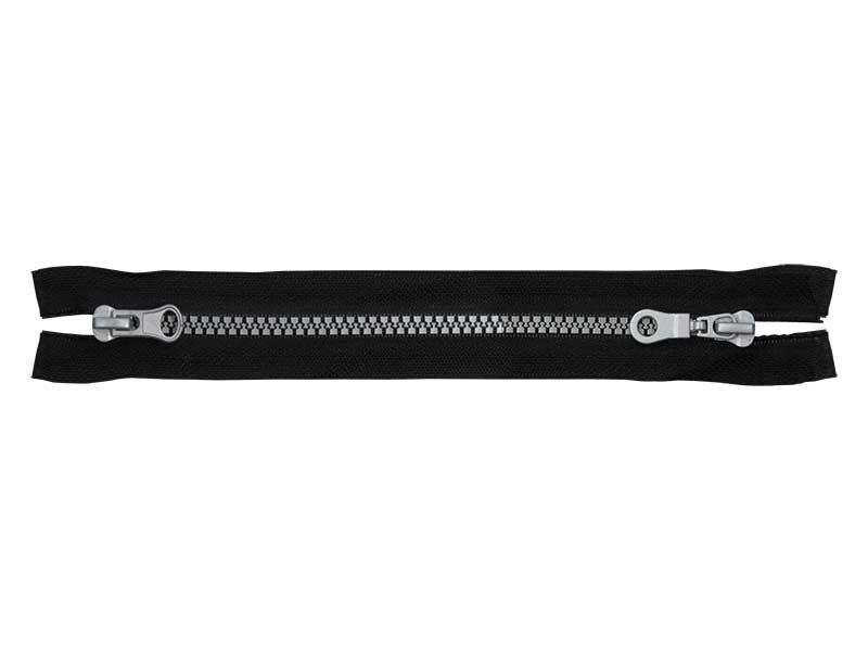 Poliestera rāvējslēdzējs #5 ar diviem kuģīšiem 75 cm melna ar sudrabu 100 gab.